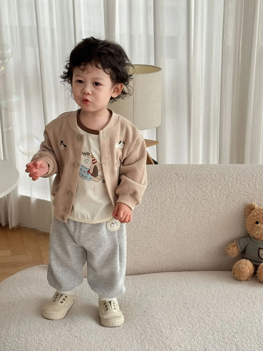 Baby & toddler baseball jacket – dog embroidery, button fastening | autumn