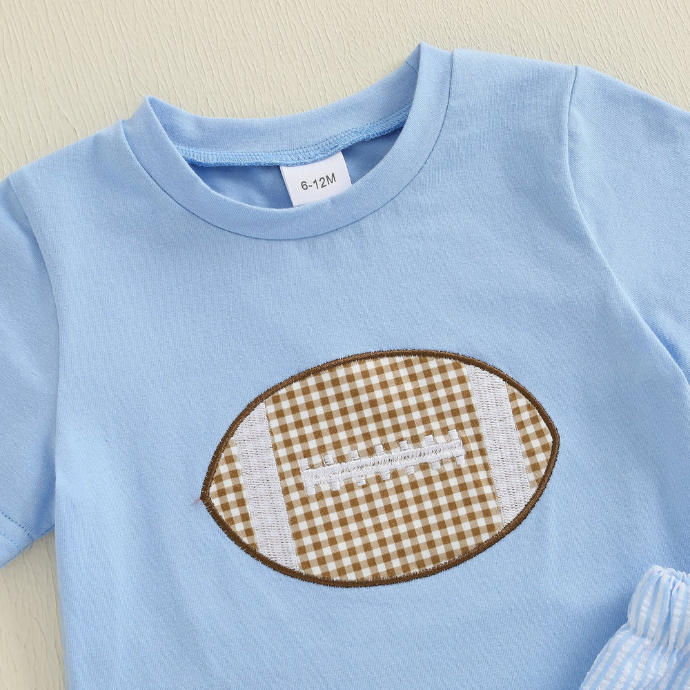 Boys' summer set with rugby ball appliqué – cotton-polyester, striped shorts | baby & toddler outfit