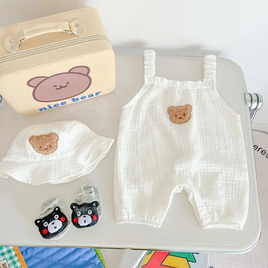 Baby summer set with sun hat – breathable bodysuit with bear print | For babies 3–24 months