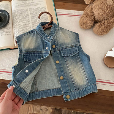 Denim waistcoat with vintage wash – press studs, two pockets | unisex kids