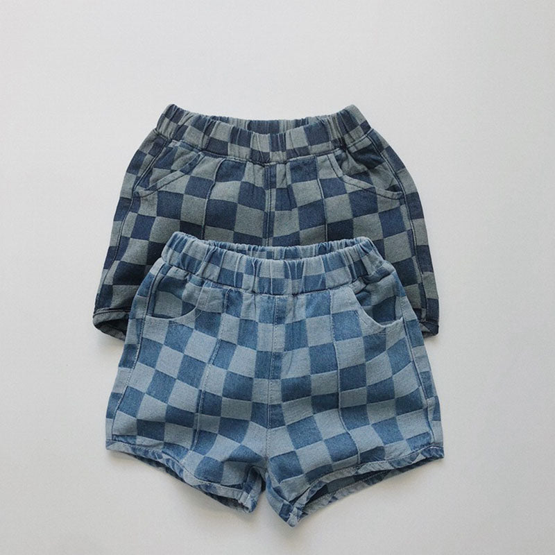 Checked shorts with elastic waistband – soft cotton, unisex, side pockets | kids summer shorts