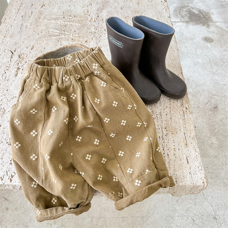 Baggy trousers with floral print – cotton-linen, elastic waist | unisex bloomers