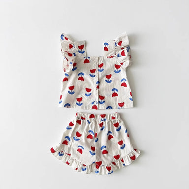 Girls' summer outfit with ruffles and tulip print – Soft cotton, elastic waist | 0–5 years
