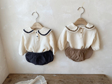 2-piece baby outfit – muslin cotton top with puff trousers and collar | babies