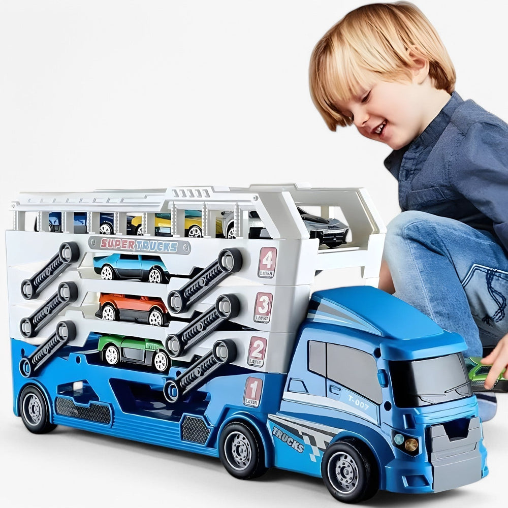 Toy car transporter with 6 race cars – loading function, no batteries required | truck