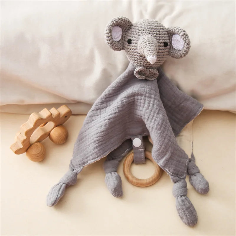 Baby comforter with wooden teether and rattle – soft cotton, soothes teething | Cuddle toy