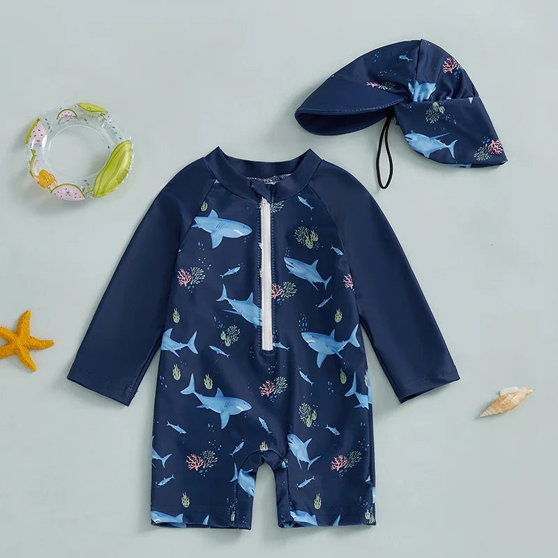 UV swimsuit with shark print and sun hat – Long sleeves, quick-drying | Boys 0-5yrs