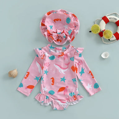 Girls' UV swimsuit with sun hat – long sleeves, quick-drying, full movement | baby swimwear