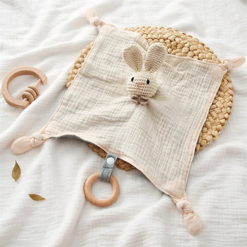 Baby comforter with wooden teether and rattle – soft cotton, soothes teething | Cuddle toy