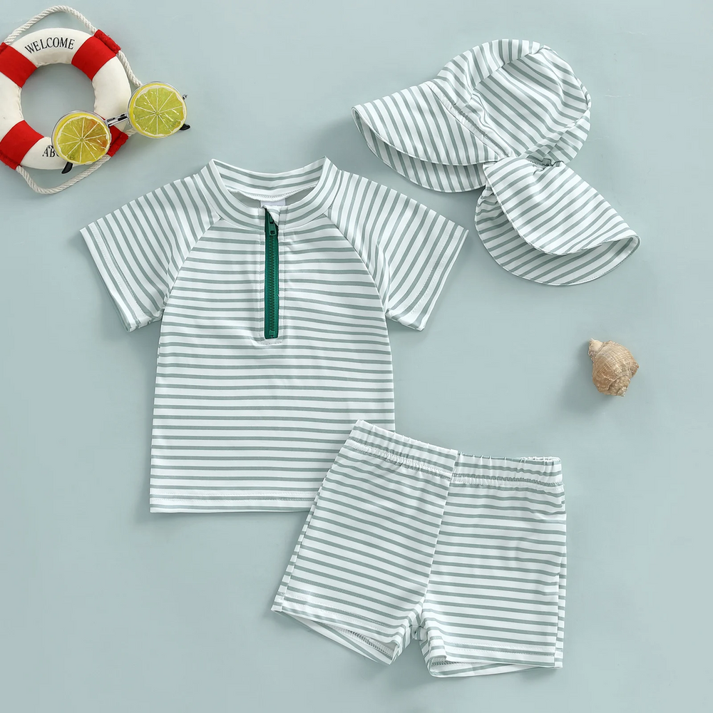 UV swimsuit with long sleeves and sun hat – striped design, UPF50+, quick-drying | kids swimwear