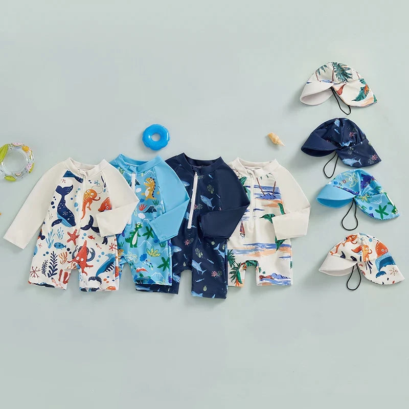 UV swimsuit with shark print and sun hat – Long sleeves, quick-drying | Boys 0-5yrs