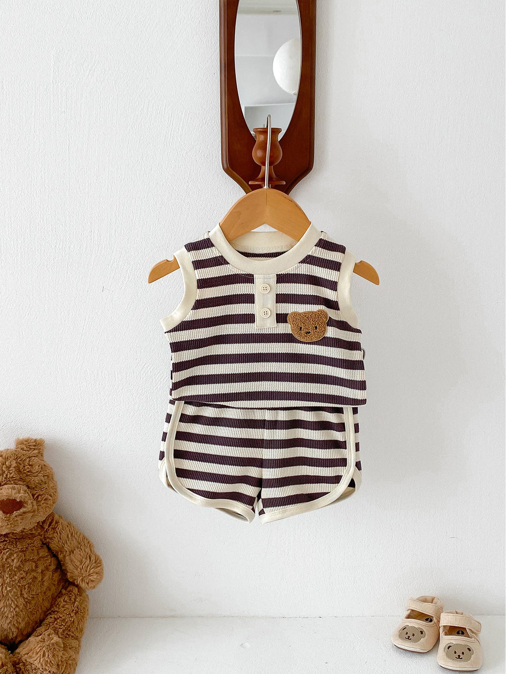 Striped summer set with bear embroidery – soft, stretchy, elastic waist | baby & toddler