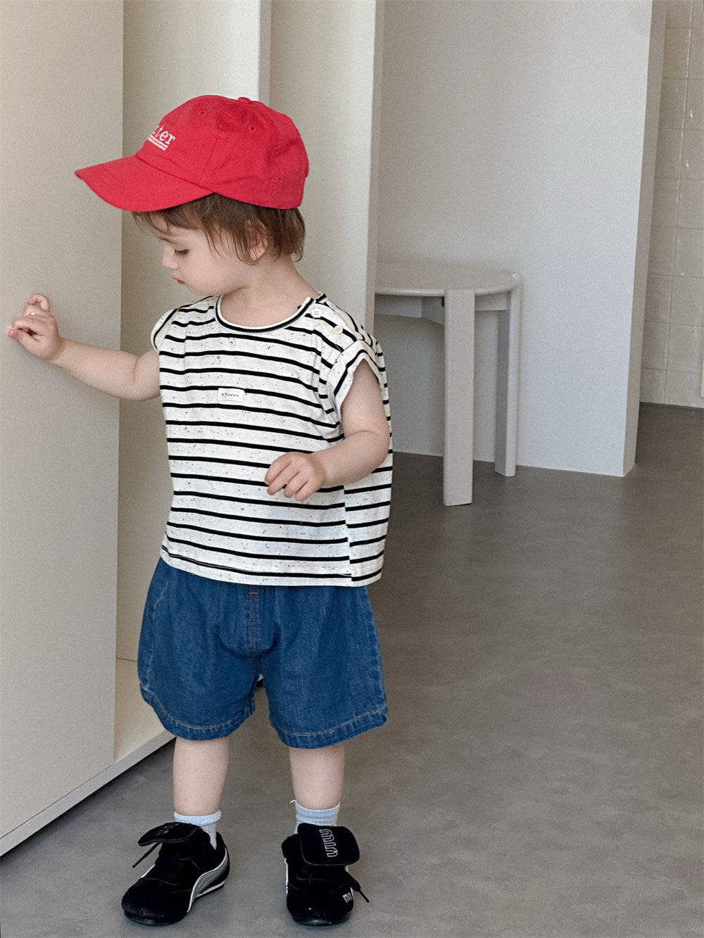 Striped shirt & denim shorts set – soft cotton mix, elastic waistband | unisex baby outfit