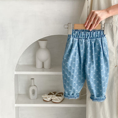 Denim trousers with bow detail – soft cotton, elasticated waist | girls