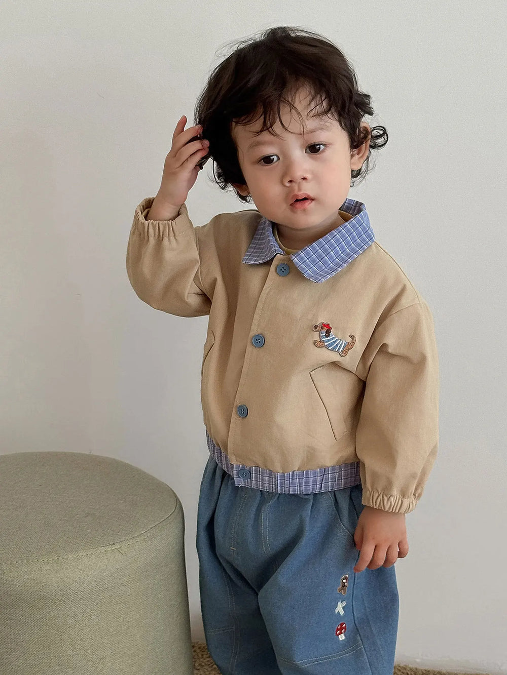 Baby and toddler baseball jacket with patchwork design – elastic cuffs | unisex autumn wear