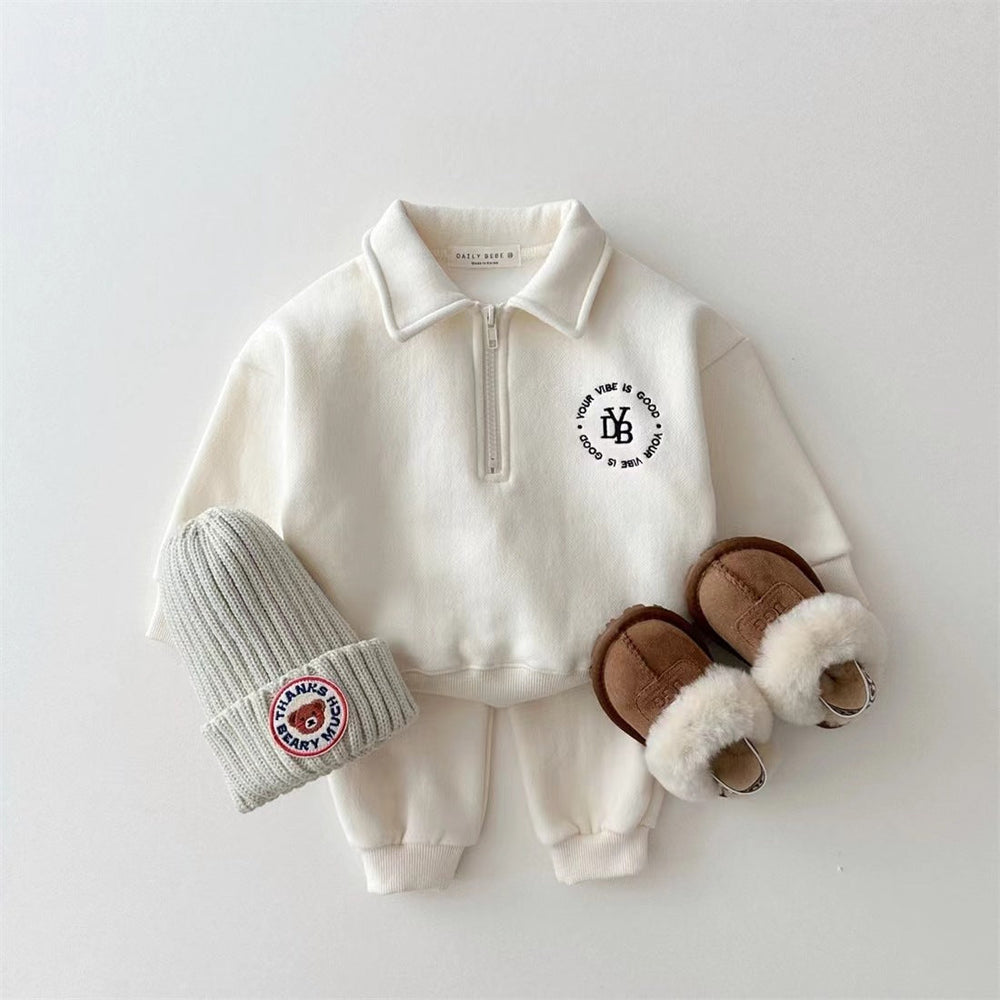 Fleece trousers and jumper set with half-zip – warm, soft, elasticated waist | Baby winter outfit