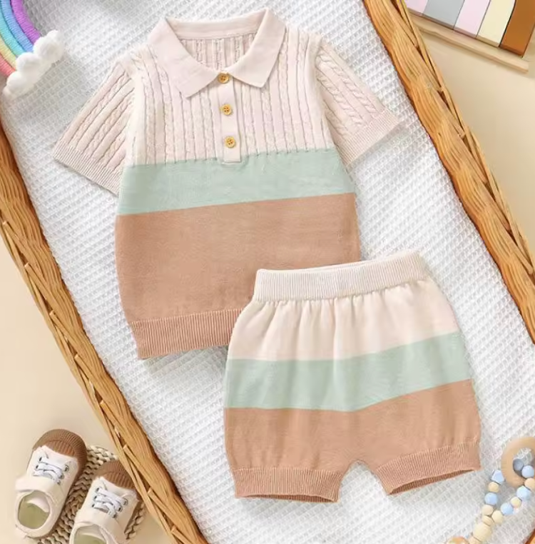 Knitted polo set with soft cotton blend – breathable, elastic waistband | unisex baby summer wear