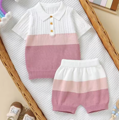 Knitted polo set with soft cotton blend – breathable, elastic waistband | unisex baby summer wear
