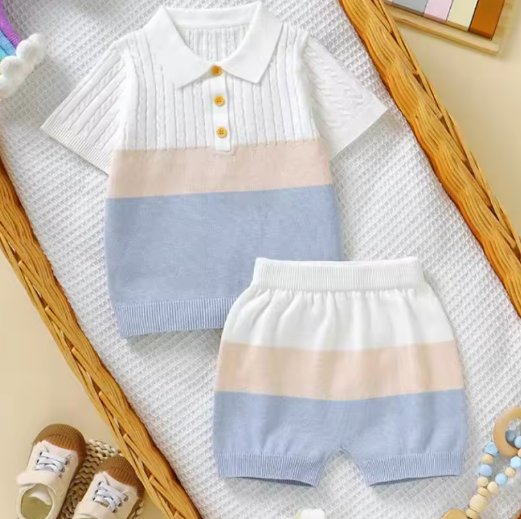 Knitted polo set with soft cotton blend – breathable, elastic waistband | unisex baby summer wear