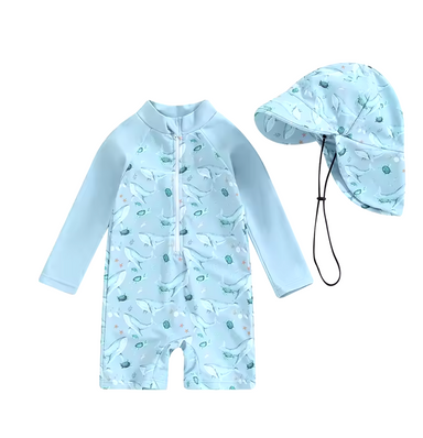 Swimsuit set with UPF50+ protection – matching sun hat, ocean print | baby swimwear