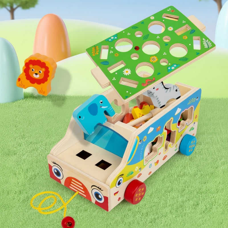 Wooden pull-along cart with fishing game – sorting blocks, animal shapes | Montessori toy
