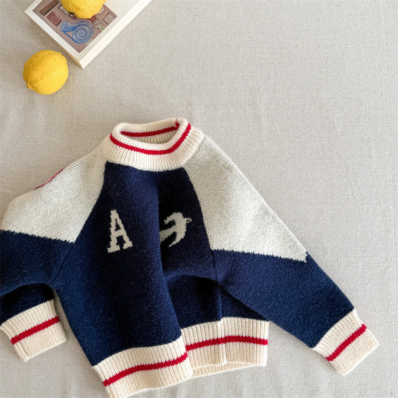 Knitted jumper keeps little ones warm – ribbed cuffs, bird print | boys