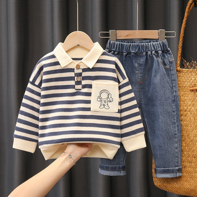 Striped jumper and jeans set with astronaut print – soft cotton, elastic waist | boys
