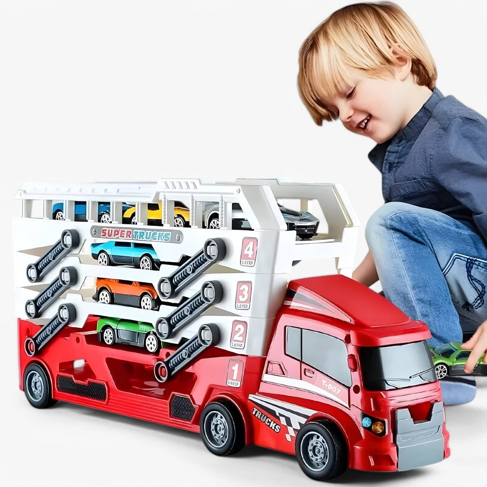 Toy car transporter with 6 race cars – loading function, no batteries required | truck