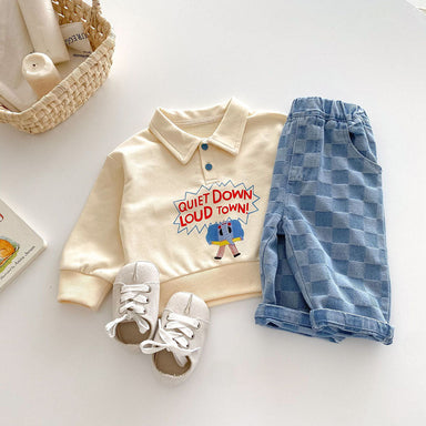 Baby jeans with elastic waistband – soft stretch, checked print | 0–5 years