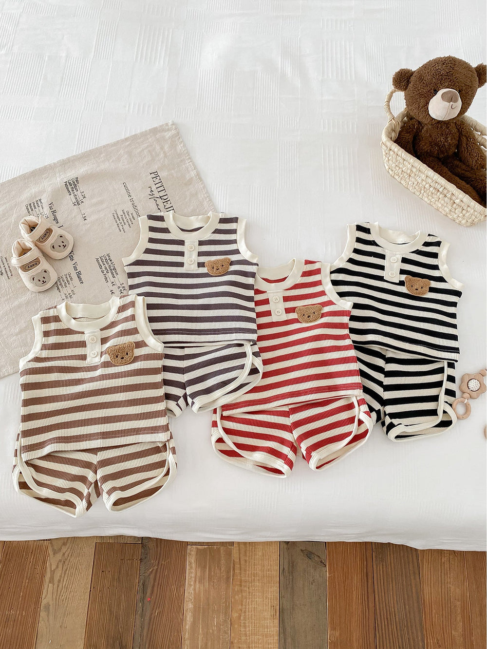 Striped summer set with bear embroidery – soft, stretchy, elastic waist | baby & toddler