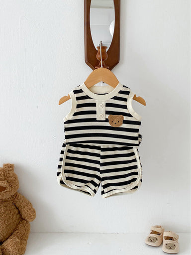Striped summer set with bear embroidery – soft, stretchy, elastic waist | baby & toddler