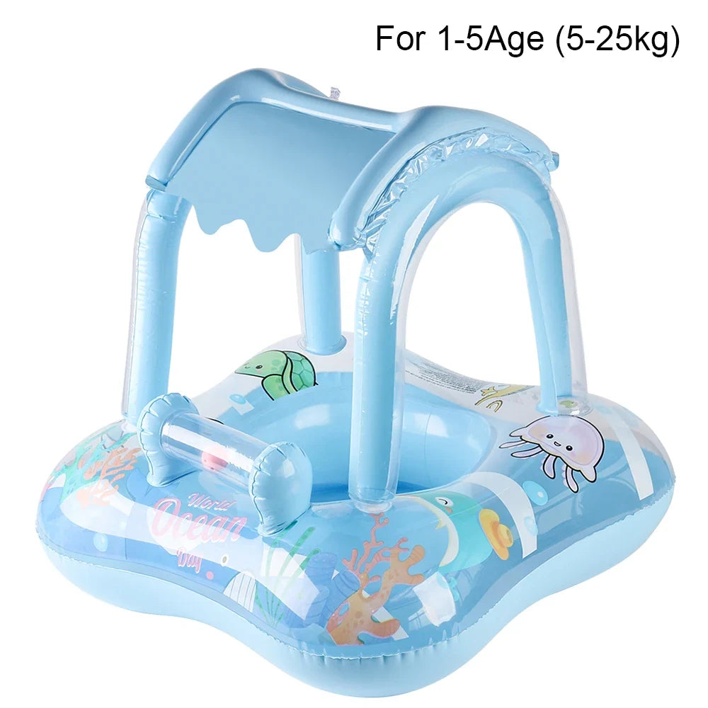 Baby swim float with sun canopy – stable, inflatable design | toddler float