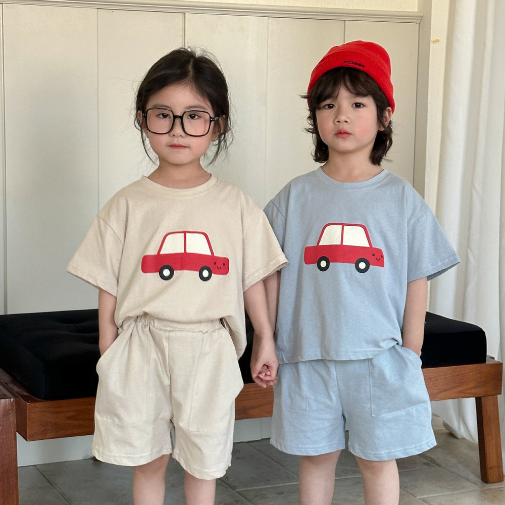 T-shirt and shorts summer set – soft cotton, car print | unisex kids
