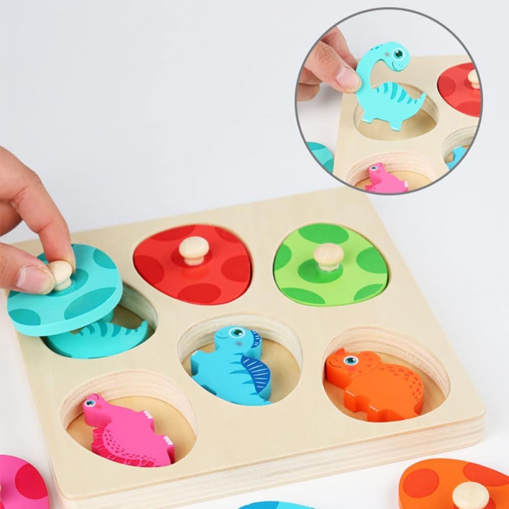 Wooden dinosaur puzzle with chunky knobs – colourful, educational, hidden surprises | toddlers