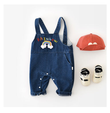 Denim dungarees with rainbow applique – adjustable straps, soft cotton | Baby girls