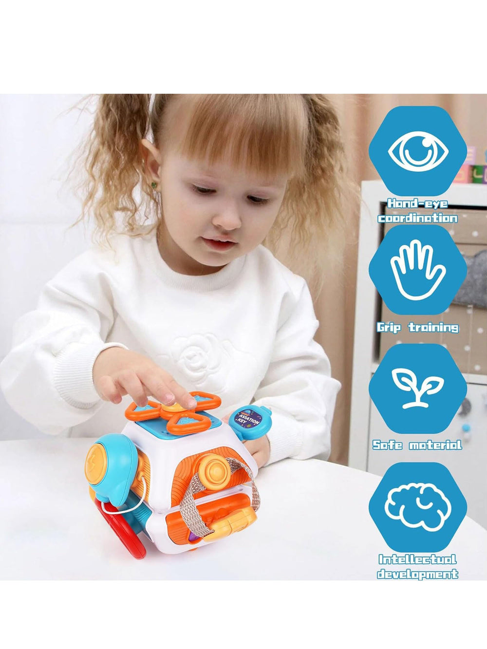 Montessori activity cube with sliders and buttons – Wooden, educational toy | Babies & toddlers