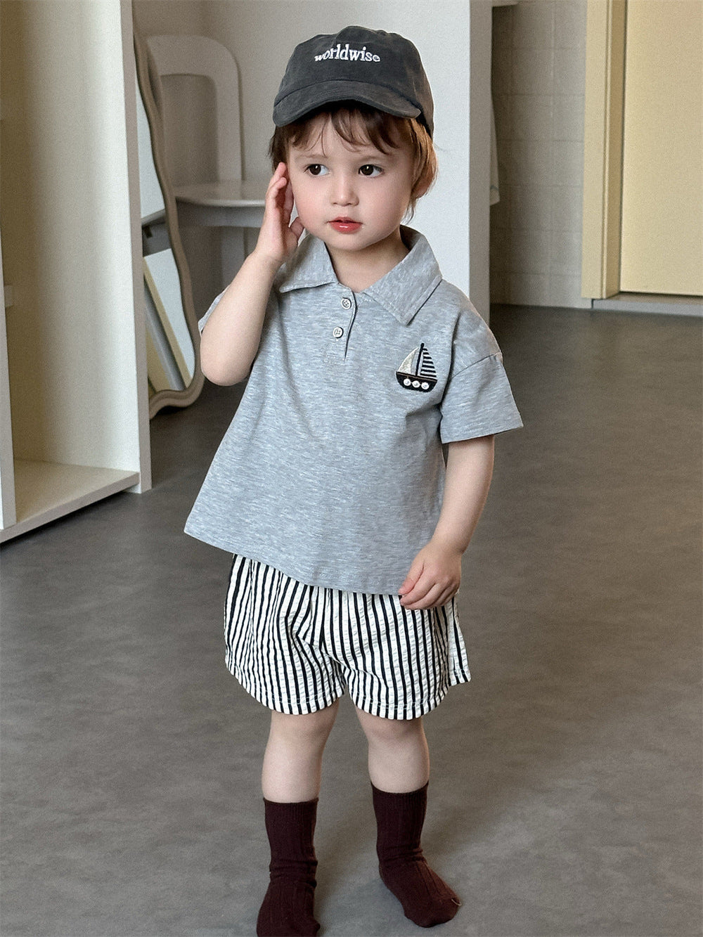 Polo and shorts outfit with soft cotton – elastic waistband, striped design | kids summer wear