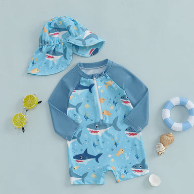 UV swimsuit with shark print and sun flap – UPF50+ protection | baby & toddler swimwear