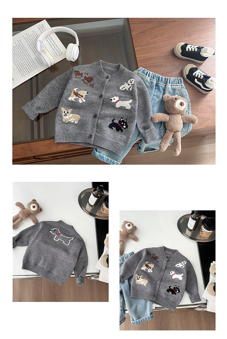 Knitted cardigan with puppy print – soft knit, button fastening | unisex