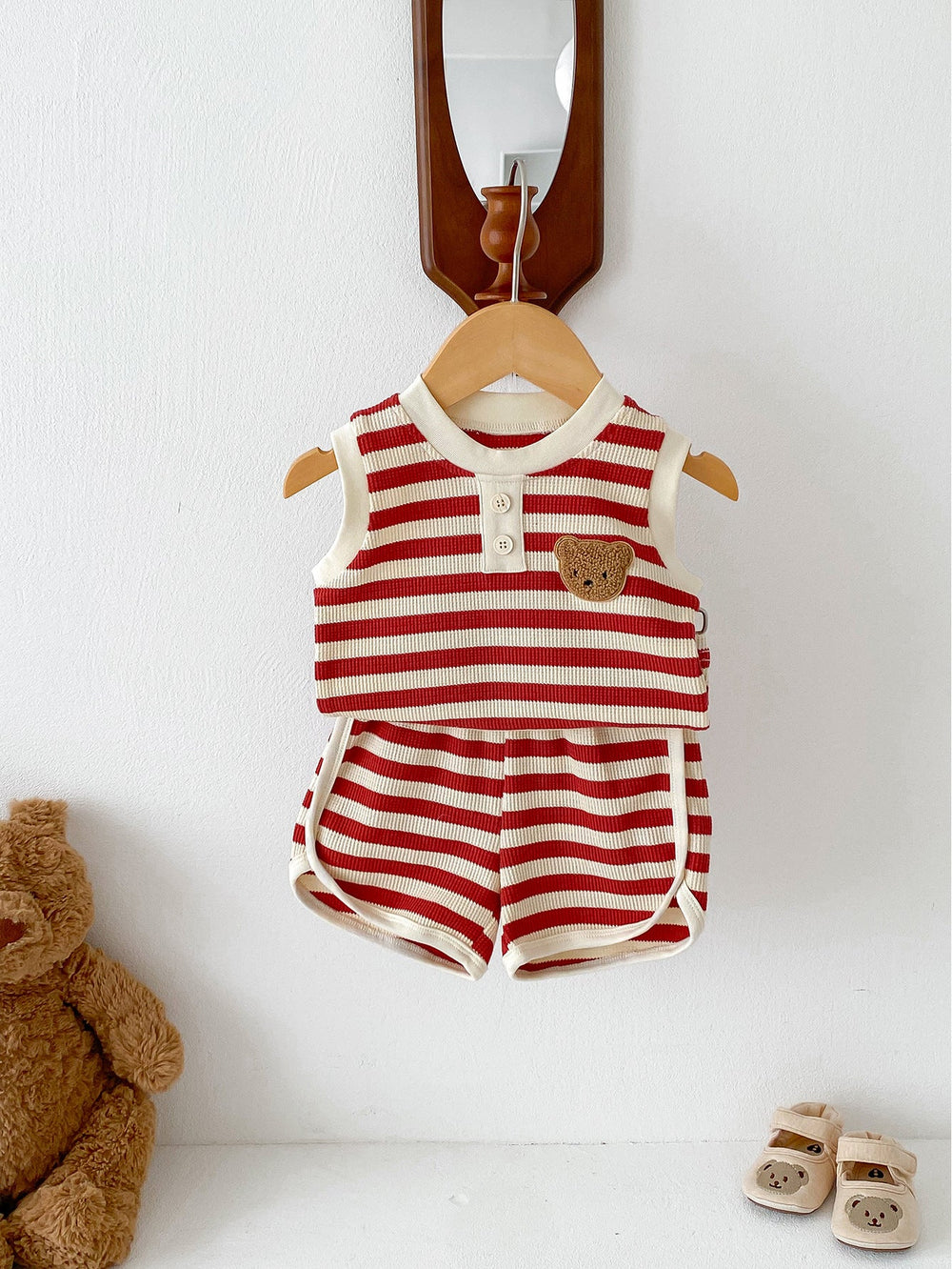 Striped summer set with bear embroidery – soft, stretchy, elastic waist | baby & toddler