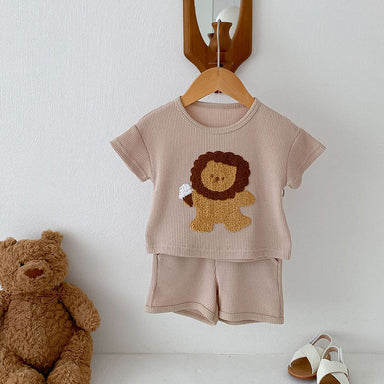 Waffle fabric T-shirt and shorts set with lion – soft, breathable, elastic waist | baby & toddler