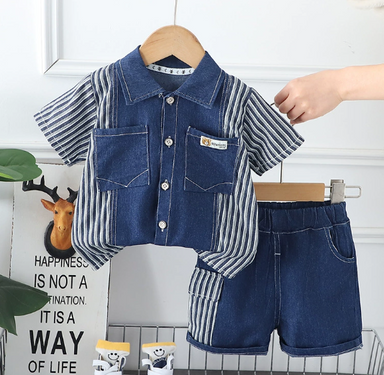 Denim shirt & shorts set – soft denim cotton, elastic waist | unisex