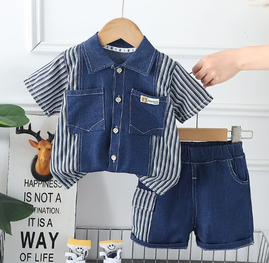 Denim shirt & shorts set – soft denim cotton, elastic waist | unisex