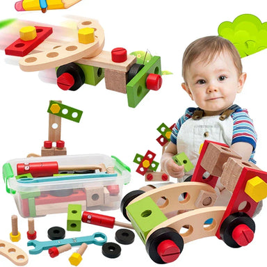 Wooden toy tool box with 28 pieces – stimulates creativity and motor skills | kids 3+