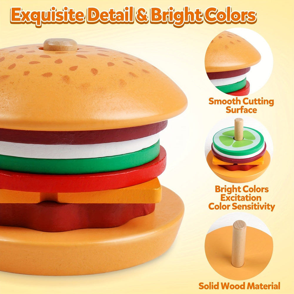 Wooden burger stacking toy – Montessori-style, builds fine motor skills | Educational toys for kids