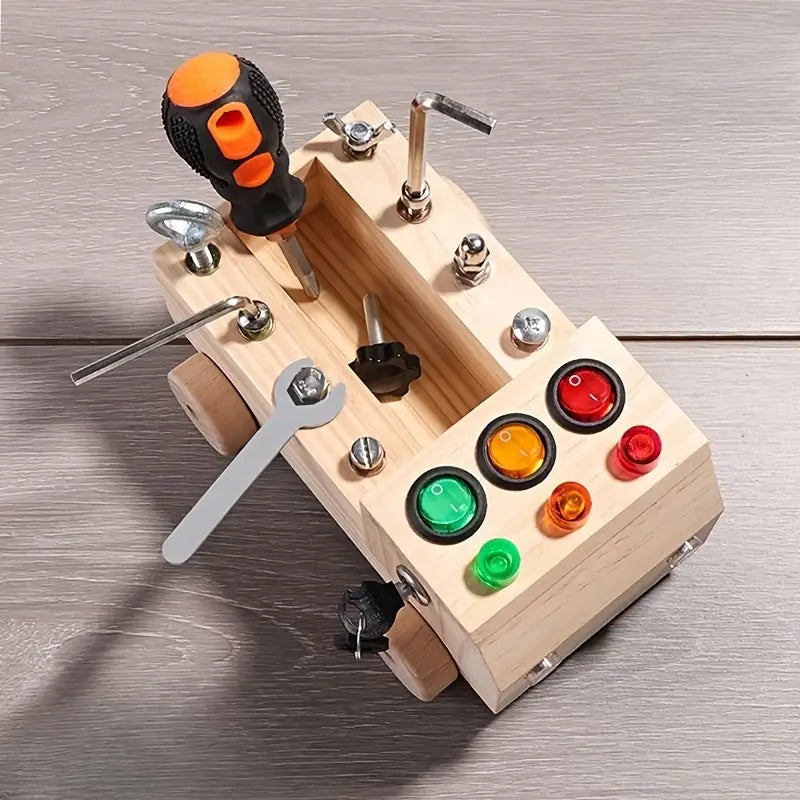 Montessori activity board with LED lights – fine motor skills, screws & tools | kids 3-12