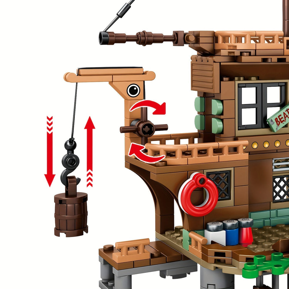 Pirate ship building set with harbour – figures, treasure chest, manual | ages 6+