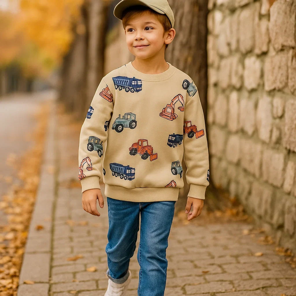 Kids' jumper with vehicle print – soft cotton, comfortable fit | boys and girls