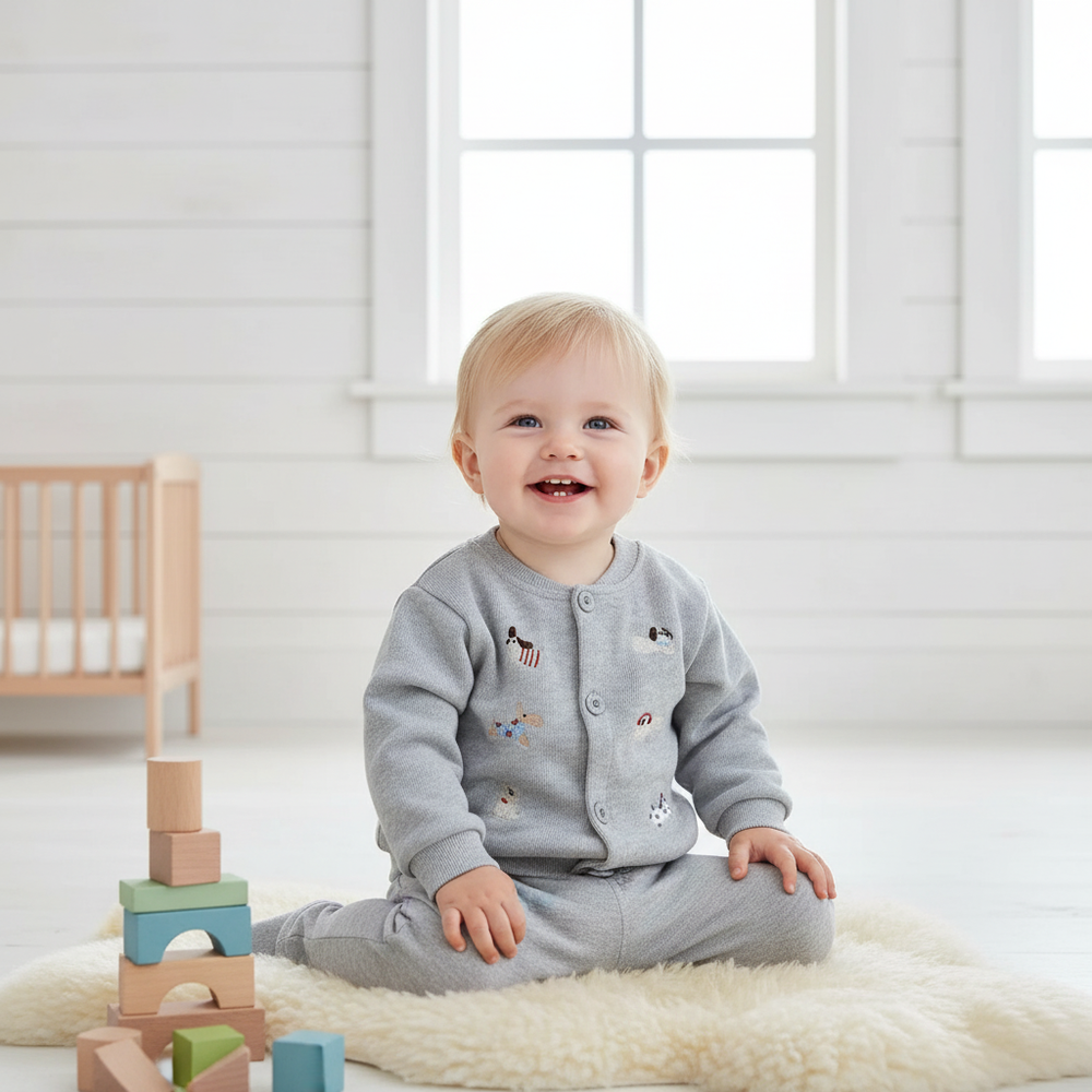 Baby & toddler baseball jacket – dog embroidery, button fastening | autumn