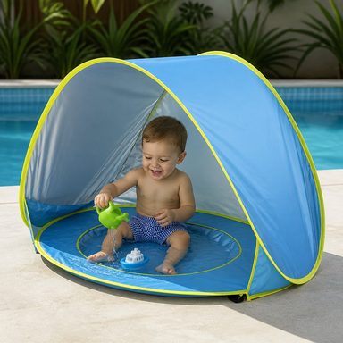 Pop-up baby beach tent with paddling pool – UV protection, folds flat | sun shelter